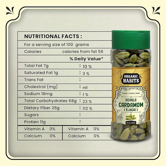 Organic Habits Whole Cardamom - 50g | Green Elaichi Pods |100% Natural & Aromatic