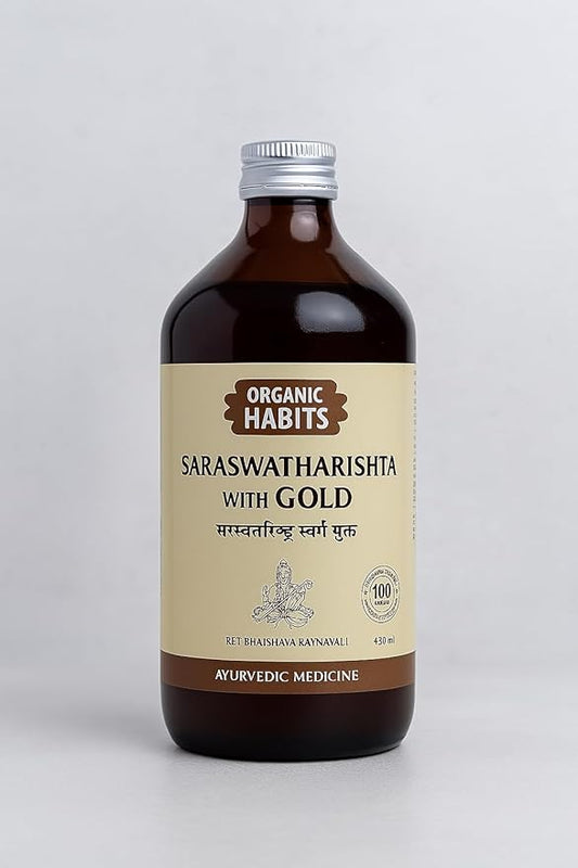 Organic Habits Saraswatharishta with Gold 450ml | Ayurvedic Brain Tonic | Supports Brain Memory, Focus & Calmness