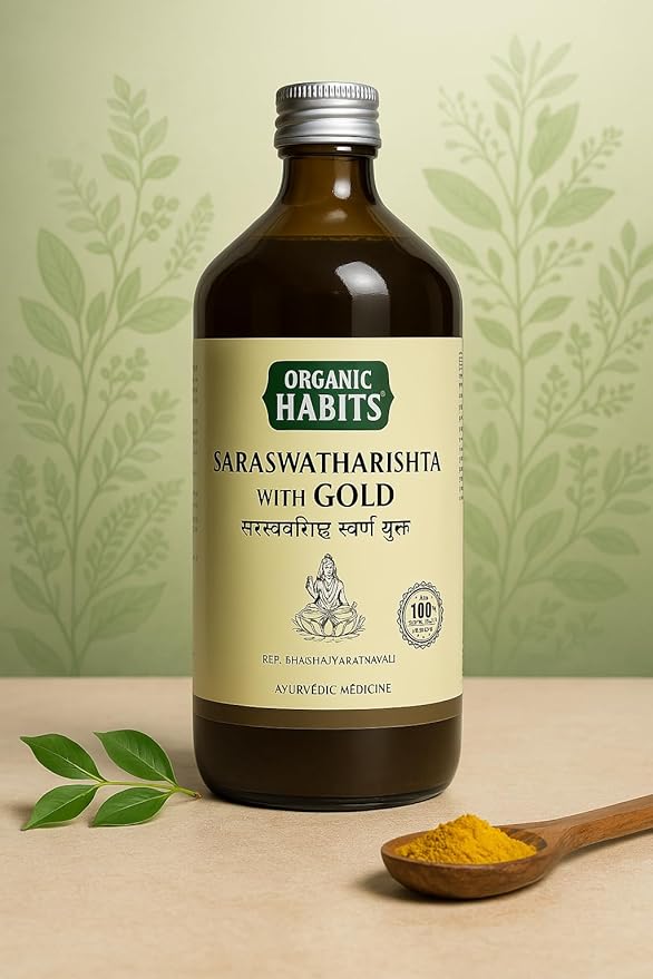 Organic Habits Saraswatharishta with Gold 450ml | Ayurvedic Brain Tonic | Supports Brain Memory, Focus & Calmness