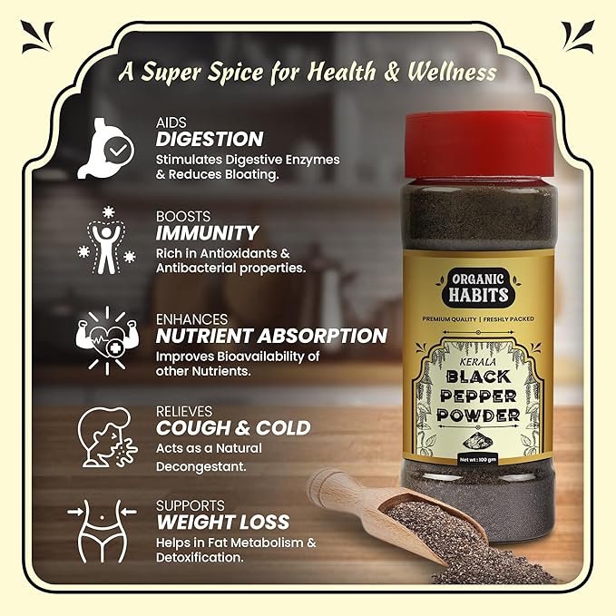 Organic Habits Black Pepper Powder | Kali Mirch Powder | Premium Steam-Sterilized Ground Black Pepper Powder | 100g