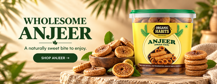 Organic Habits Anjeer dried figs tub beside a bowl of figs. A naturally sweet bite to enjoy.