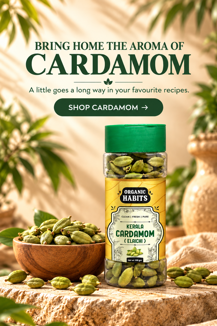 Organic Habits Kerala Cardamom jar beside a bowl of green cardamom pods. A little goes a long way in your favourite recipes.