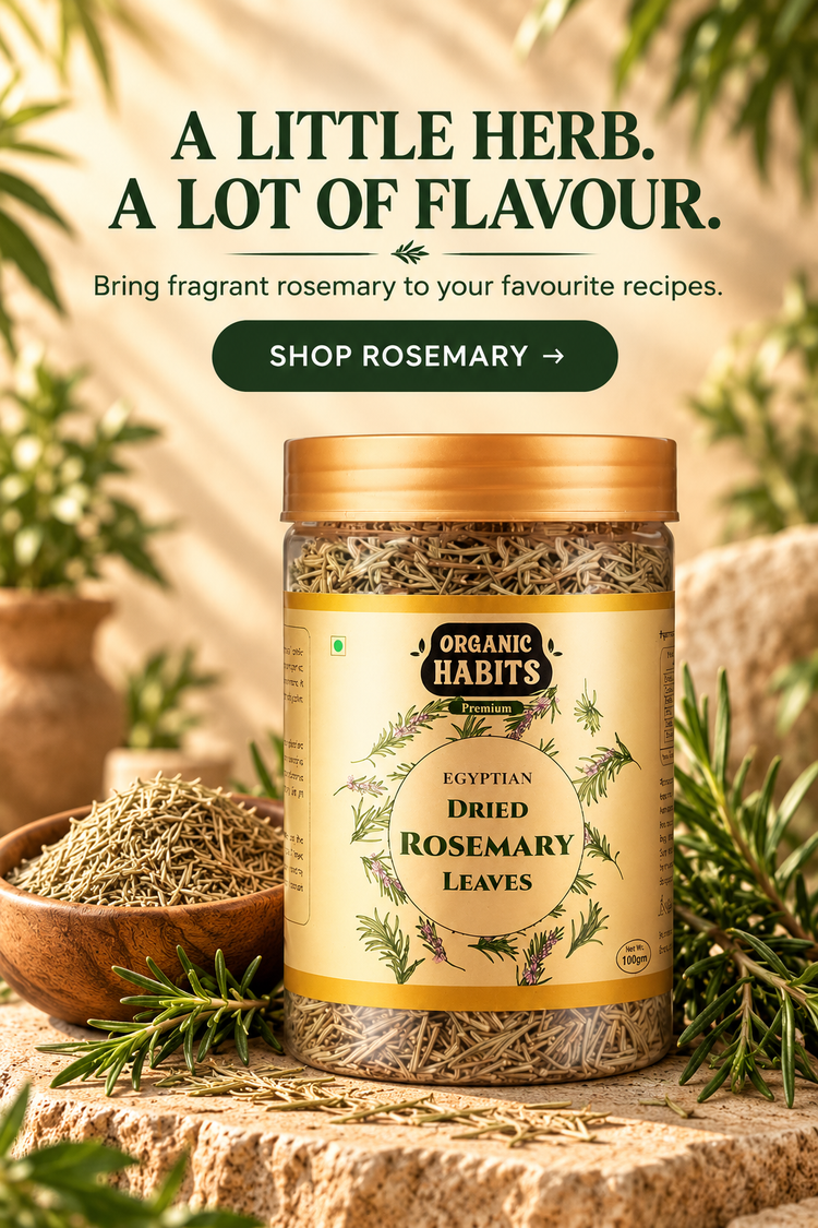 Organic Habits Egyptian Dried Rosemary Leaves jar with fresh rosemary sprigs. Bring fragrant rosemary to your favourite recipes.