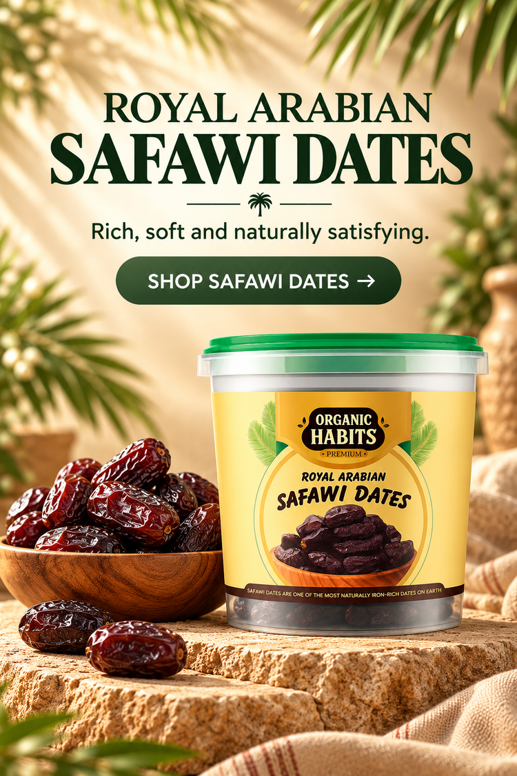 Organic Habits Royal Arabian Safawi Dates tub beside a bowl of Safawi dates. Rich, soft and naturally satisfying.