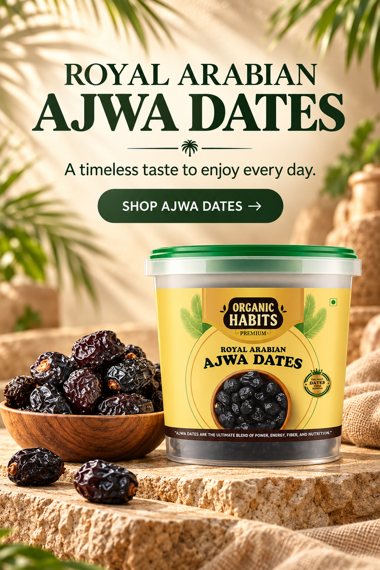 Organic Habits Royal Arabian Ajwa Dates tub beside a wooden bowl of Ajwa dates. A timeless taste to enjoy every day.